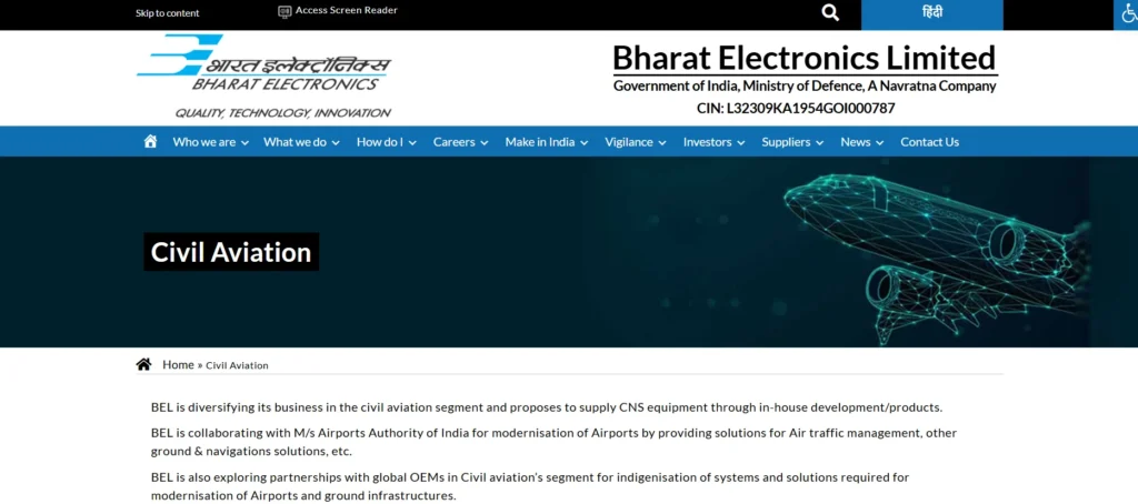 Airplane Manufacturing Company in India- Bharat Electronics Limited