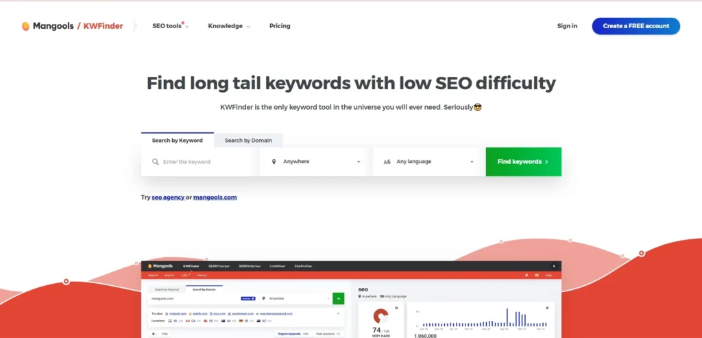 Keyword Search Tool - KWFinder (by Mangools)
