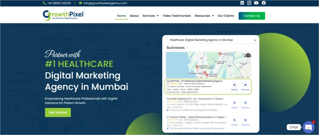 GrowthPixel homepage with claim of being #1 Healthcare Digital Marketing Agency in Mumbai and embedded Google Business Profile